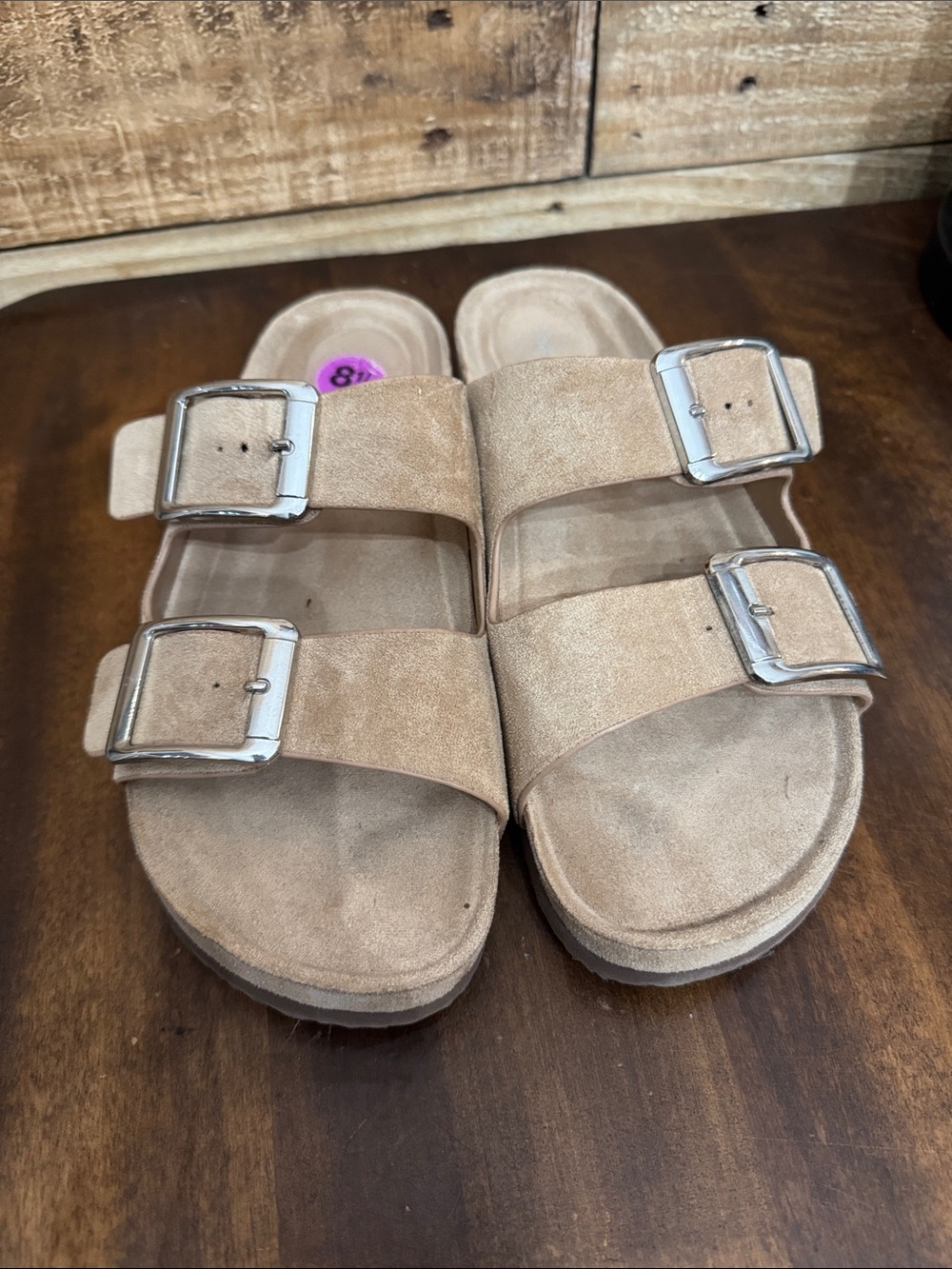 Madden Girl Double Buckle Suede Slide Sandals in Taupe